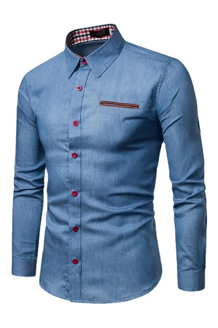 Denim Pocket Turndown Collar Long Sleeve Solid Color Slim Casual Shirt