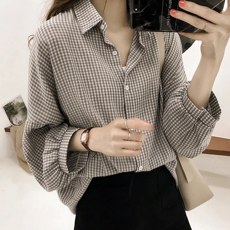 2022 Spring Plaid Shirt Women Korean Puff Sleeve Women Tops and Blouse Casual Office Lady Blouse 4XL Clothes Blusas 8809 50
