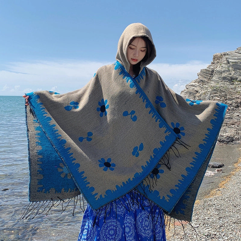 Ethnic Style Hooded Shawl Cloak Lijiang Xinjiang Tibet Northwest Tourism Wear Photograph Warm Outer Cape