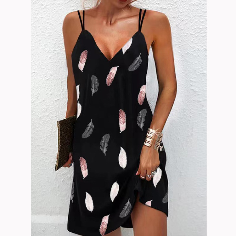  thdmladies V-neck printed double shoulder suspender dress thedmladies
