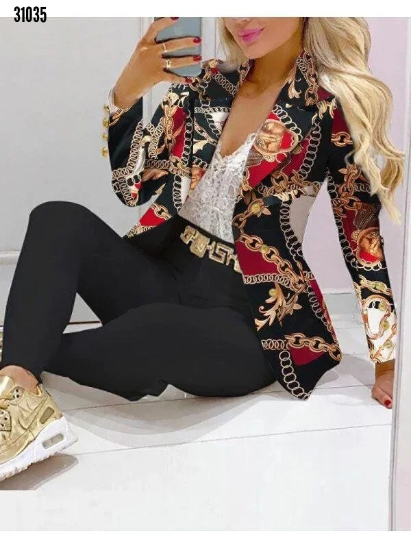 Nigikala Stripe Print Suit Coat Pants Set Office Lady Fashion Elegant Long Sleeve Top Trousers Two Piece Set Women Outfit 2023