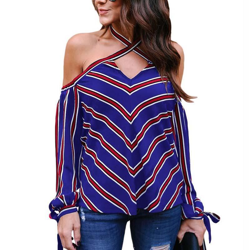 Striped Off-Shoulder Cross Tie Shirt