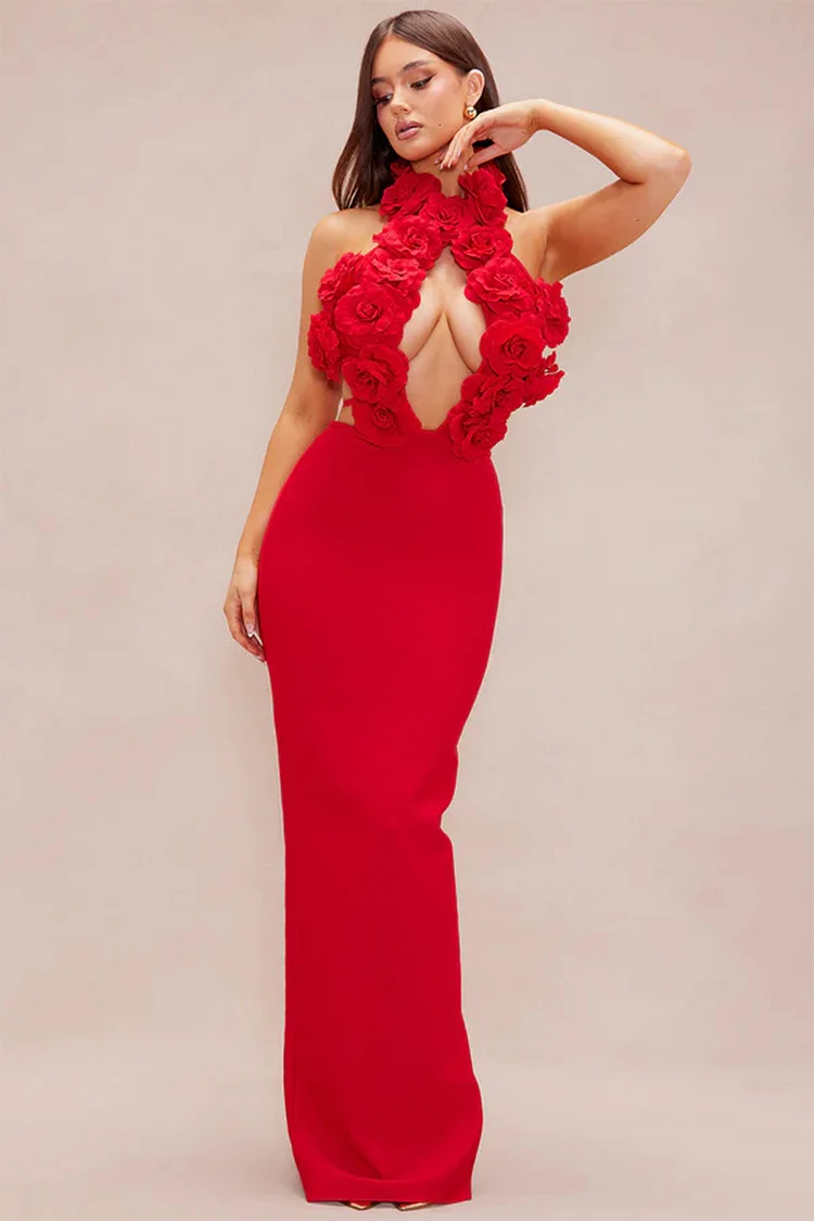 3D Floral Cut Out Halter Maxi Dress-Red