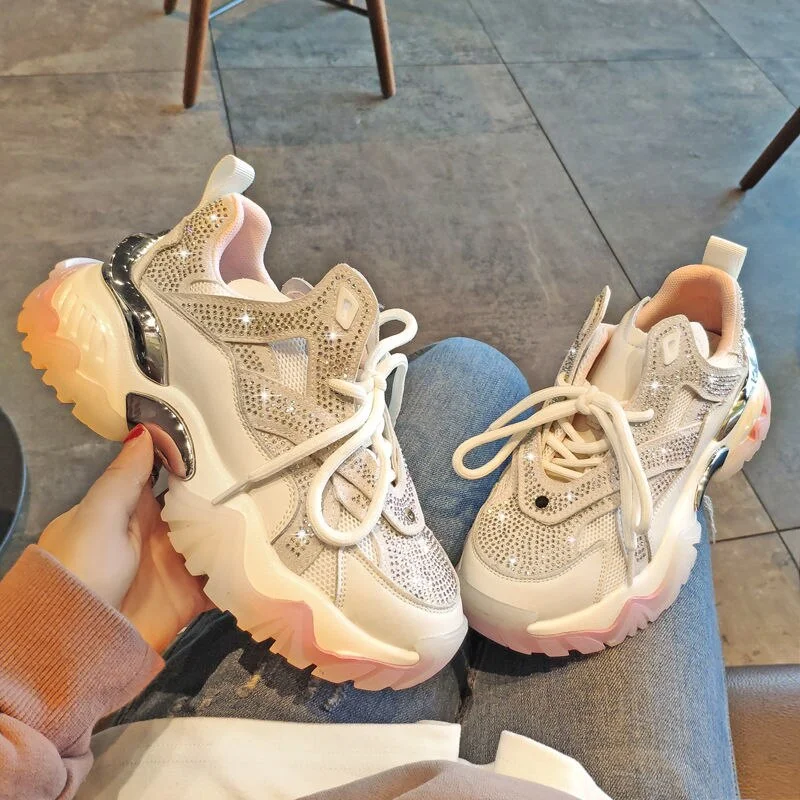2021 Women's Shoes Comfortable Breathable Mesh Rhinestone Casual Shoes Spring Women's Lace-up Non-slip Wear-resistant Sneakers