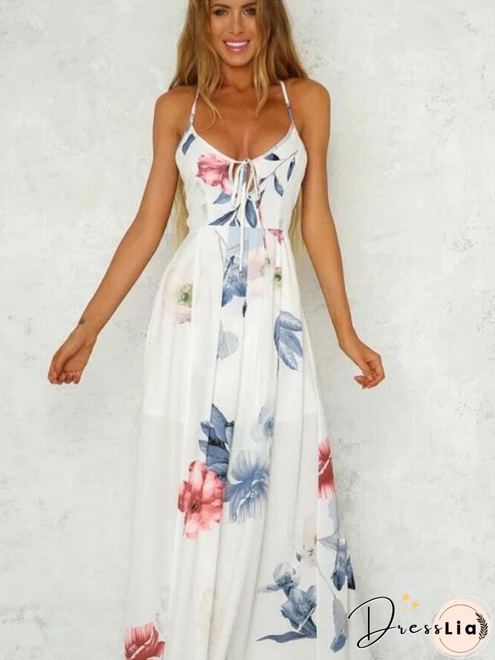 Open-back Print Big Swing Skirt Print Stitching Lace-up Dress White Dresses