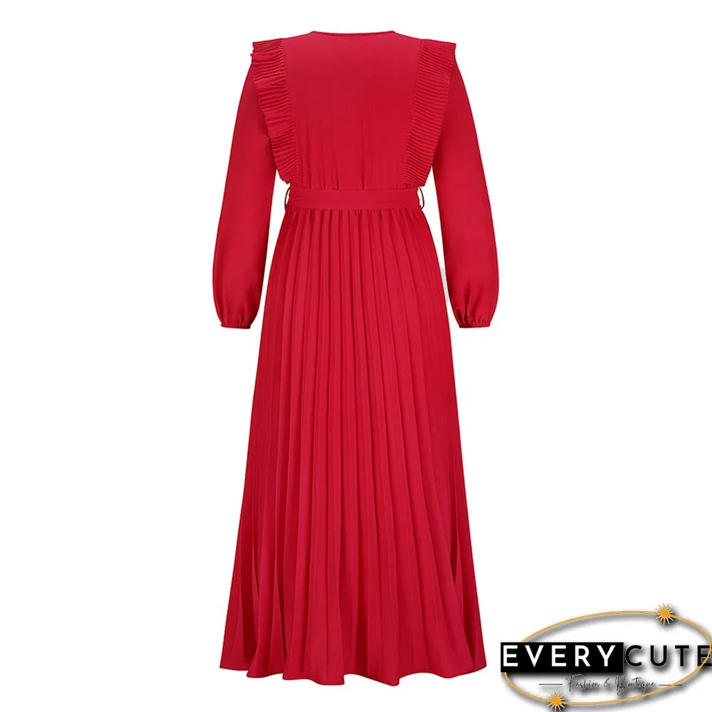 Red V Neck Pleated Tie Waist Swing Maxi Dress