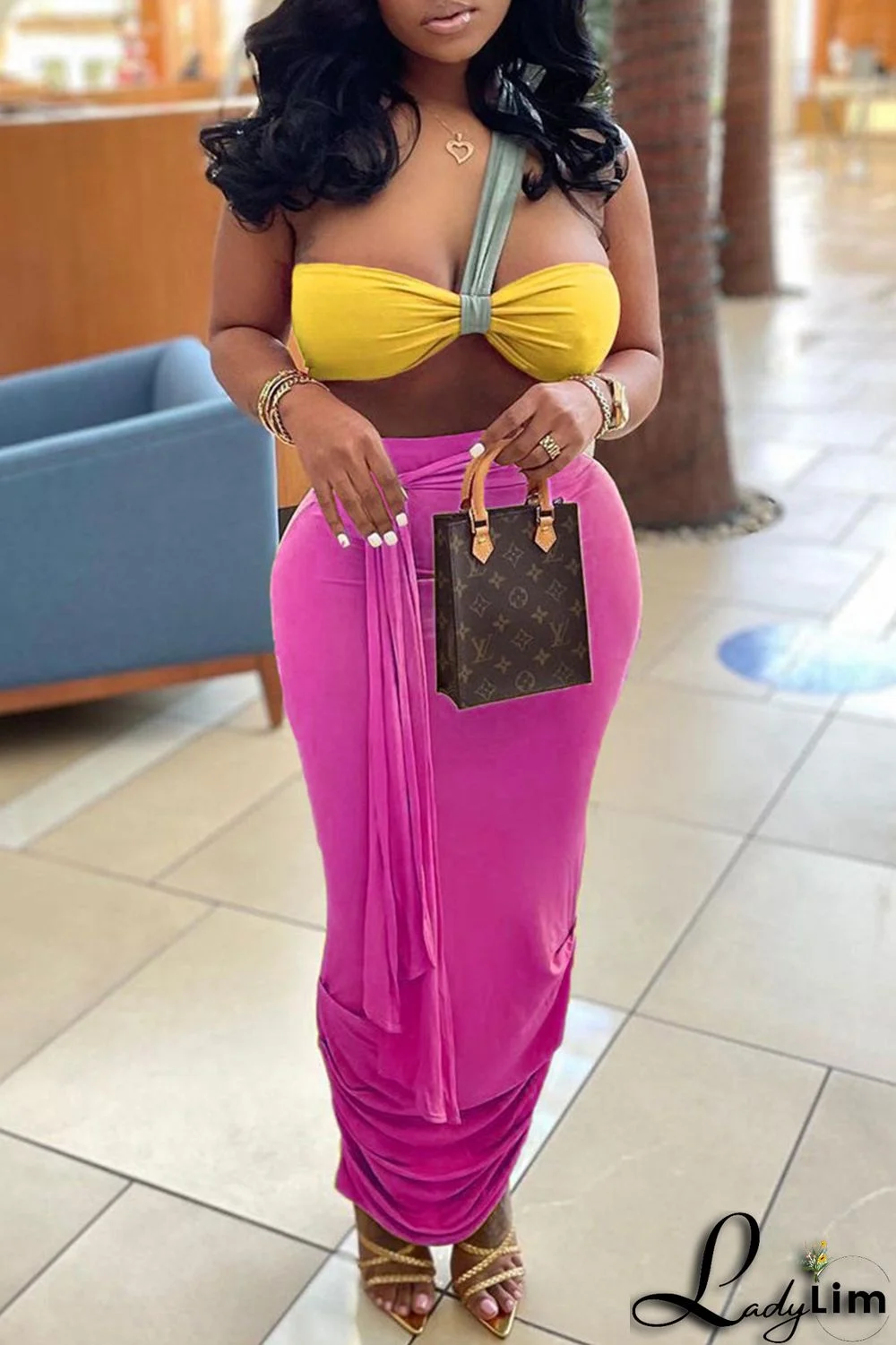 Orange Fashion Sexy Solid Split Joint Backless Strapless Sleeveless Two Pieces