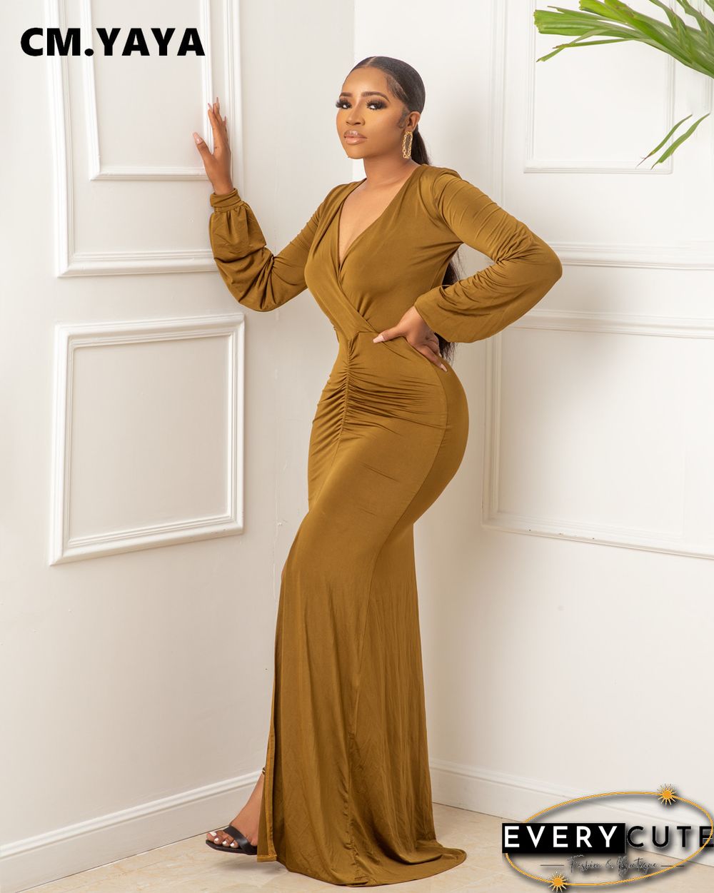 CM.YAYA Women Long Dress Solid Full Sleeve V-neck Strechy Maxi Floor Length Dresses Fashion Vintage Party Vestidos Summer Outfit