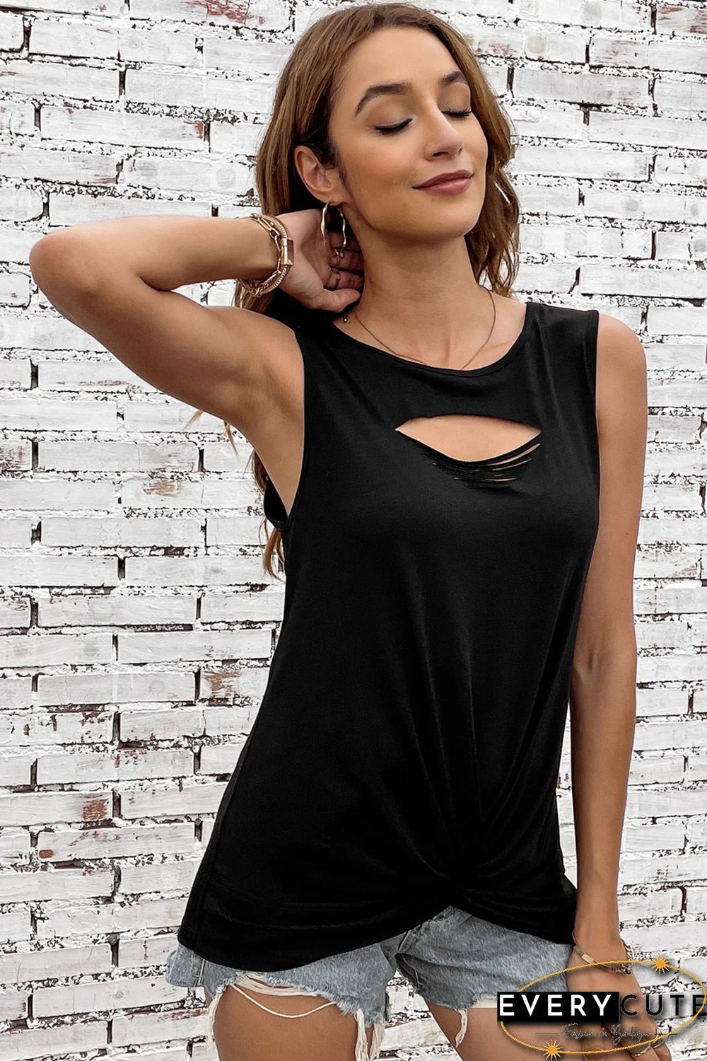 Black Laser Cut Slits Twist Front Tank Top
