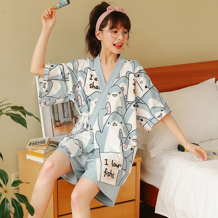 Cotton Japanese Kimono Pajamas Set - Modakawa