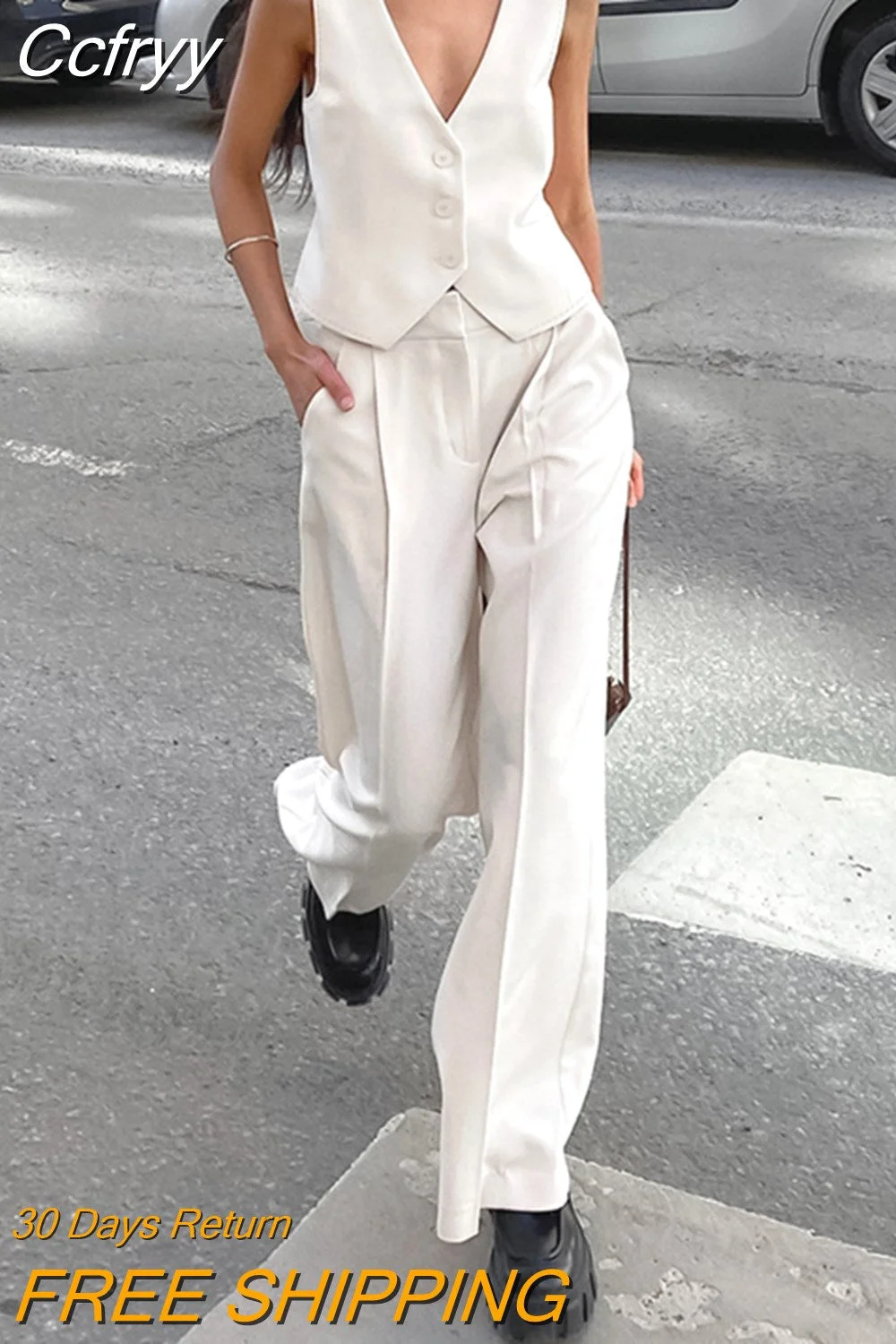 Huibahe Elegant Women White 2-Piece Pants Suits V-Neck Tank Tops Office Ladies Baggy Pants Suits Summer 2023 Business Sets