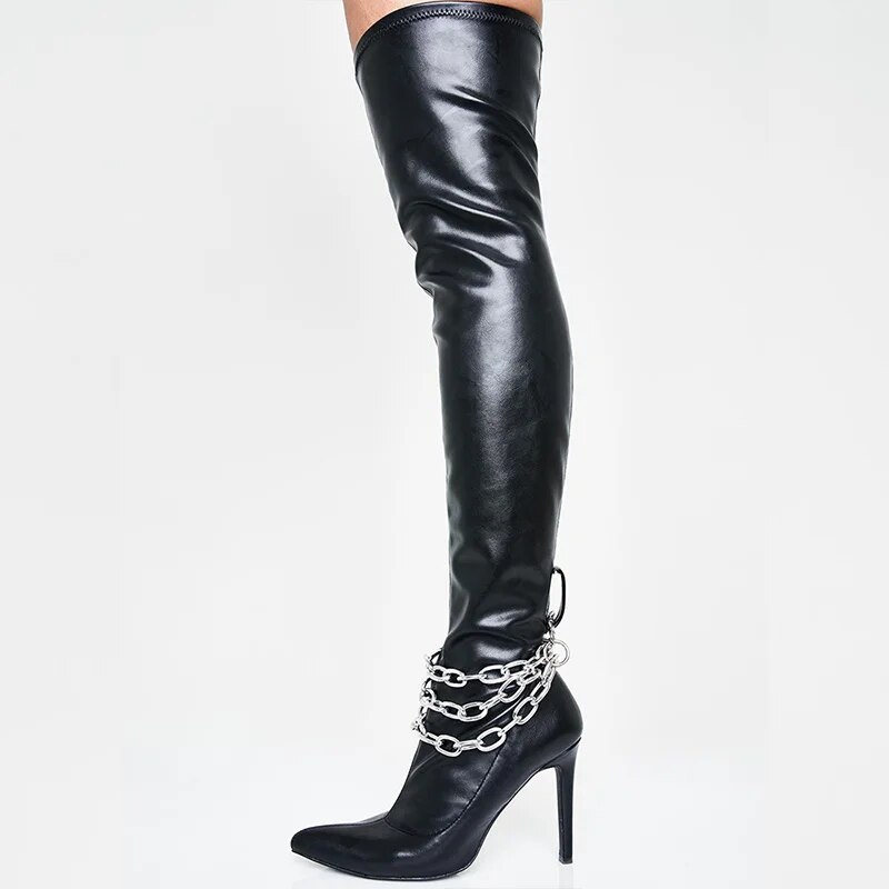 TAAFO Chain Black Thigh High Over Knee Boots Woman Stilettos High Thin Heels Ladies Long Booties Shoes 