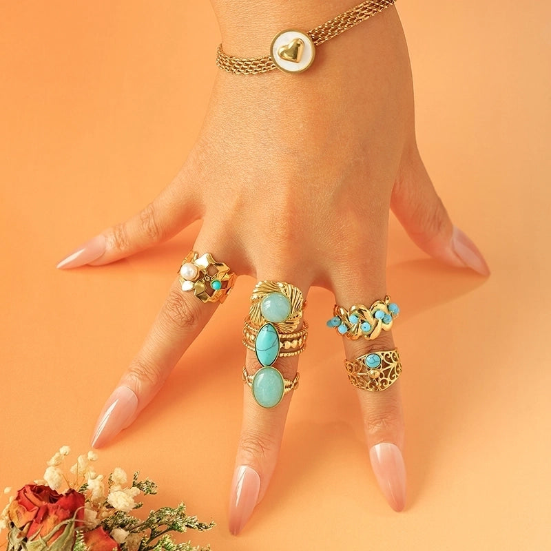 Elegant Vintage Style Minimalist Oval 304 Stainless Steel Turquoise 14K Gold Plated Plating Hollow Out Stainless Steel Rings