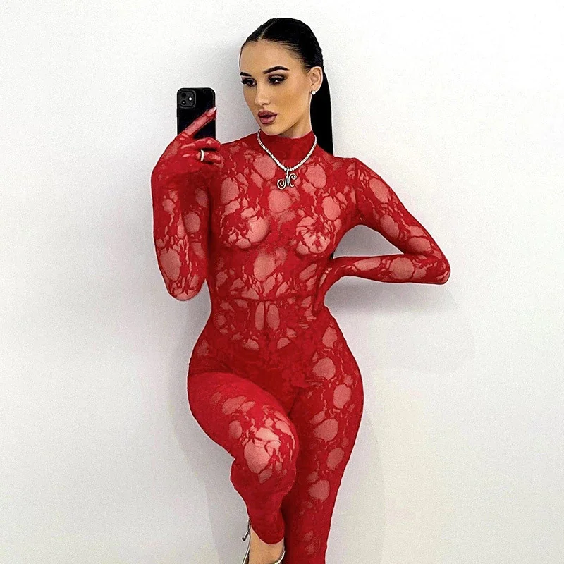 Woherb BOOFEENAA Lace Mesh See Through Jumpsuit Fashion Sexy Club Outfits for Woman Long Sleeve Bodycon Jumpsuits Red Black C66-DC17