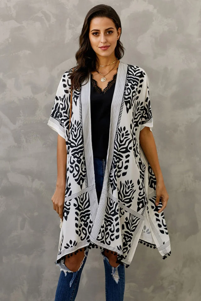 Seaside Resort Cardigan Printed Pompom Kimono