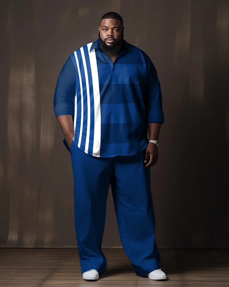 Men's Plus Size Blue Line Color Matching Gradient Longt Sleeve Walking Suit
