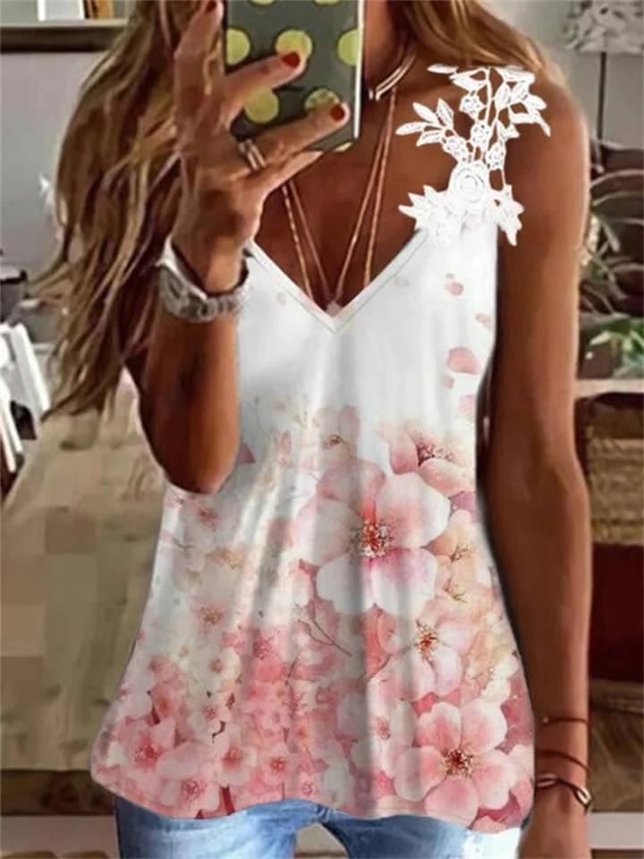 Women's Tank Top White Pink Red Floral Print Sleeveless Holiday Weekend Basic U Neck Regular Floral S