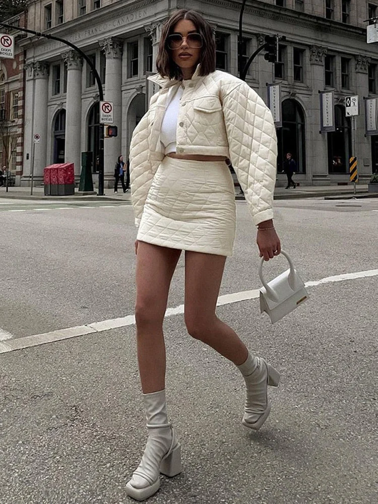 Black Friday Big Sales Soild Silm Button Cotton Casual Coat For Women Clothes Turn-Down Collar Winter Two Piece Sets Outfits Diamond Check Short Skirts