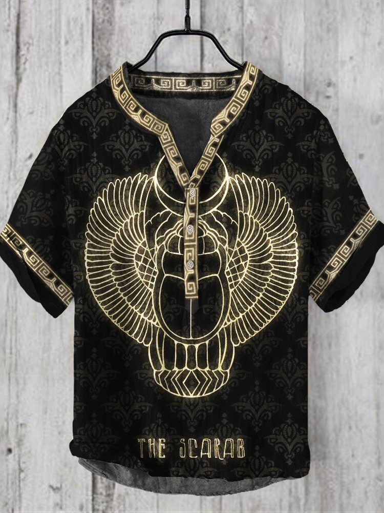 Vintage Egyptian Scarab Print Men's Casual V-neck Shirt