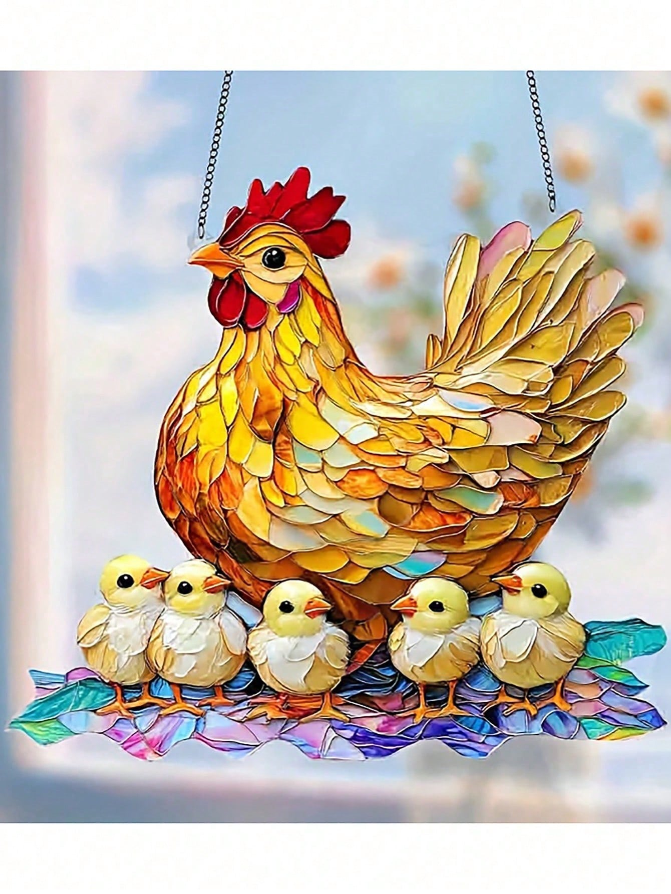 Tegooe Tegooe Stained Glass Style Chicken Suncatcher Mother Hen Chicks Farmhouse Window Panel Hanging Decoration