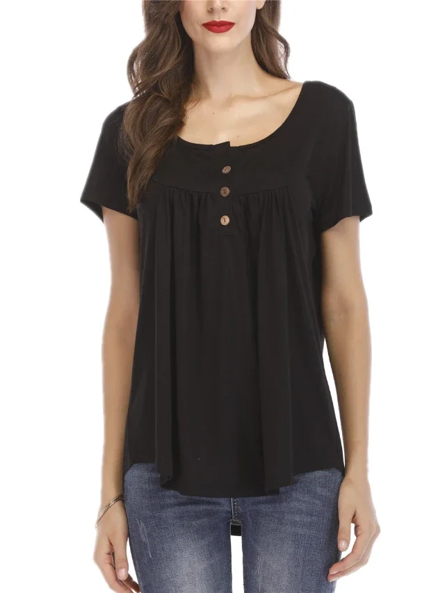 New Women's Pleated Button Loose Short Sleeve T-Shirt