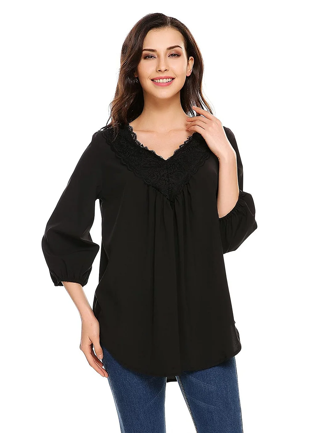 Womens V Neck Shirts Lace Splicing Tops 3/4 Sleeve Tunic Loose Chiffon Blouses