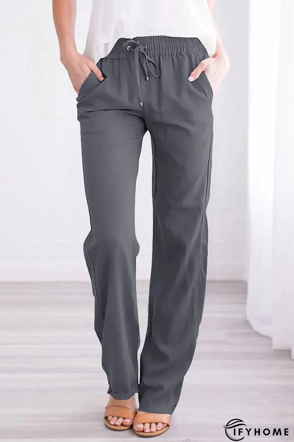 Gray Drawstring Elastic Waist Pockets Long Straight Legs Pants | IFYHOME