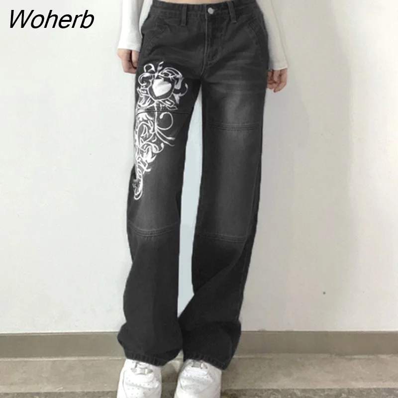Woherb Aesthetics E-Girl Vintage Trousers for Women Low Waist Straight Pants Fit Pockets Fashion Harajuku Jeans Streetwear