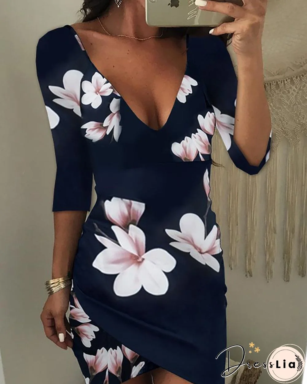 Asymmetric Floral Print Open Back Bodycon Dress P10058