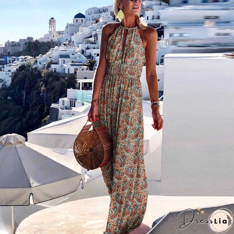 XIEYINSHE AliExpress New round Neck Halter Backless Sexy Print Dress Women's Long Dress