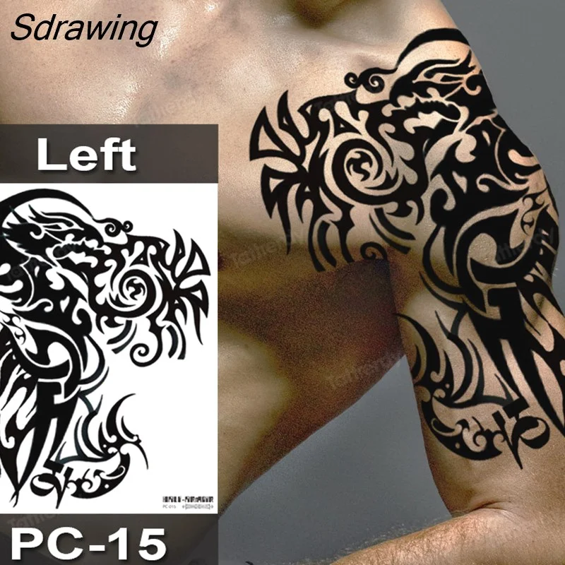 Sdrawing Fox Totem Dragon Waterproof Temporary Tattoos Body Art Arm Shoulder Chest Tattoo Sticker Black Tatouage Men Adult Large