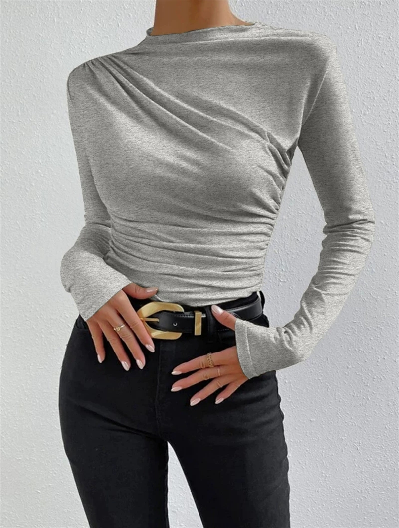 Comyee Women's Spring Summer New Solid Color Slimming Bottom Shirt Versatile Ruffle Design Sense Long Sleeve T-shirt Top