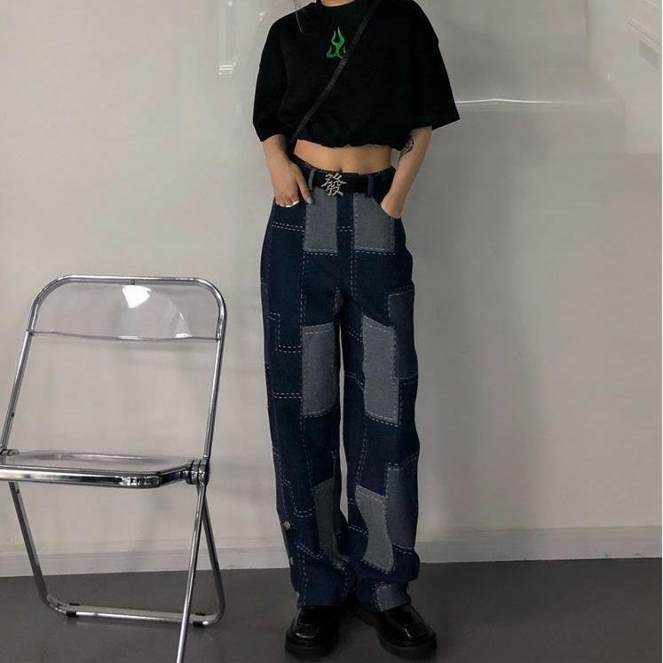 Fongt Grunge Vintage Patchwork Plaid Baggy Jeans Women Streetwear Blue Wide Leg Denim Pants Button High Waist Trousers Female