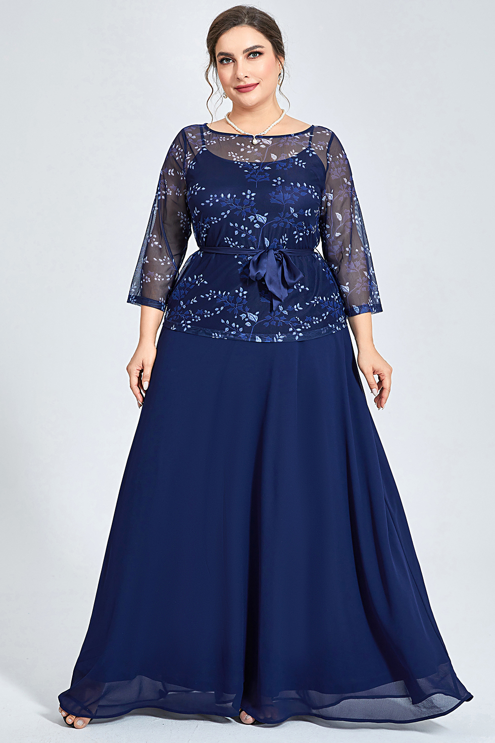 Flycurvy Plus Size Formal Navy Blue Chiffon Mesh Plant Print Lace-Up Two Pieces Maxi Dress 2024 - Flycurvy 