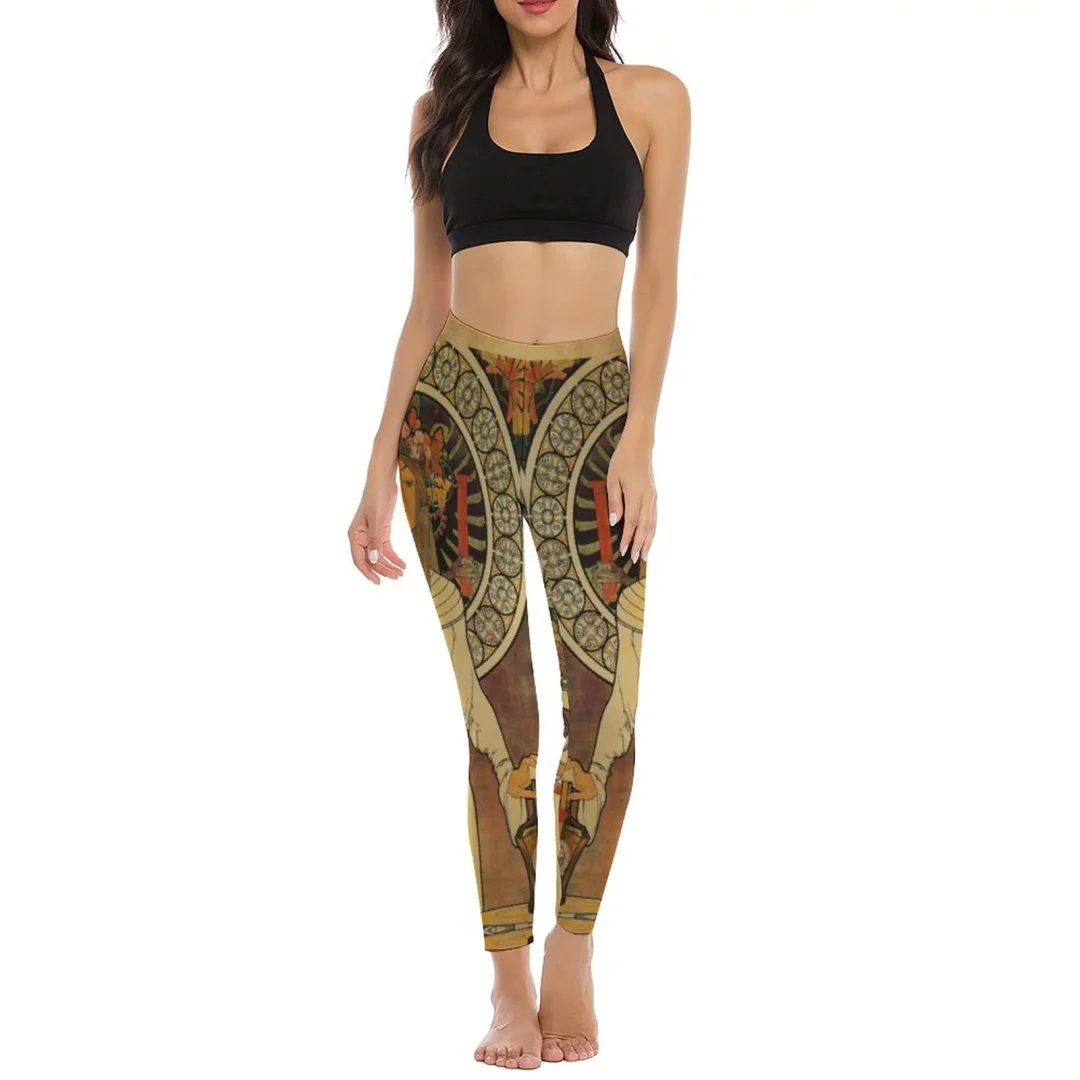 Art Nouveau Woman with Long Hair Alphonse Mucha Yoga Pants for Women High Waist Workout Soft 7/8 Length Athletic Leggings