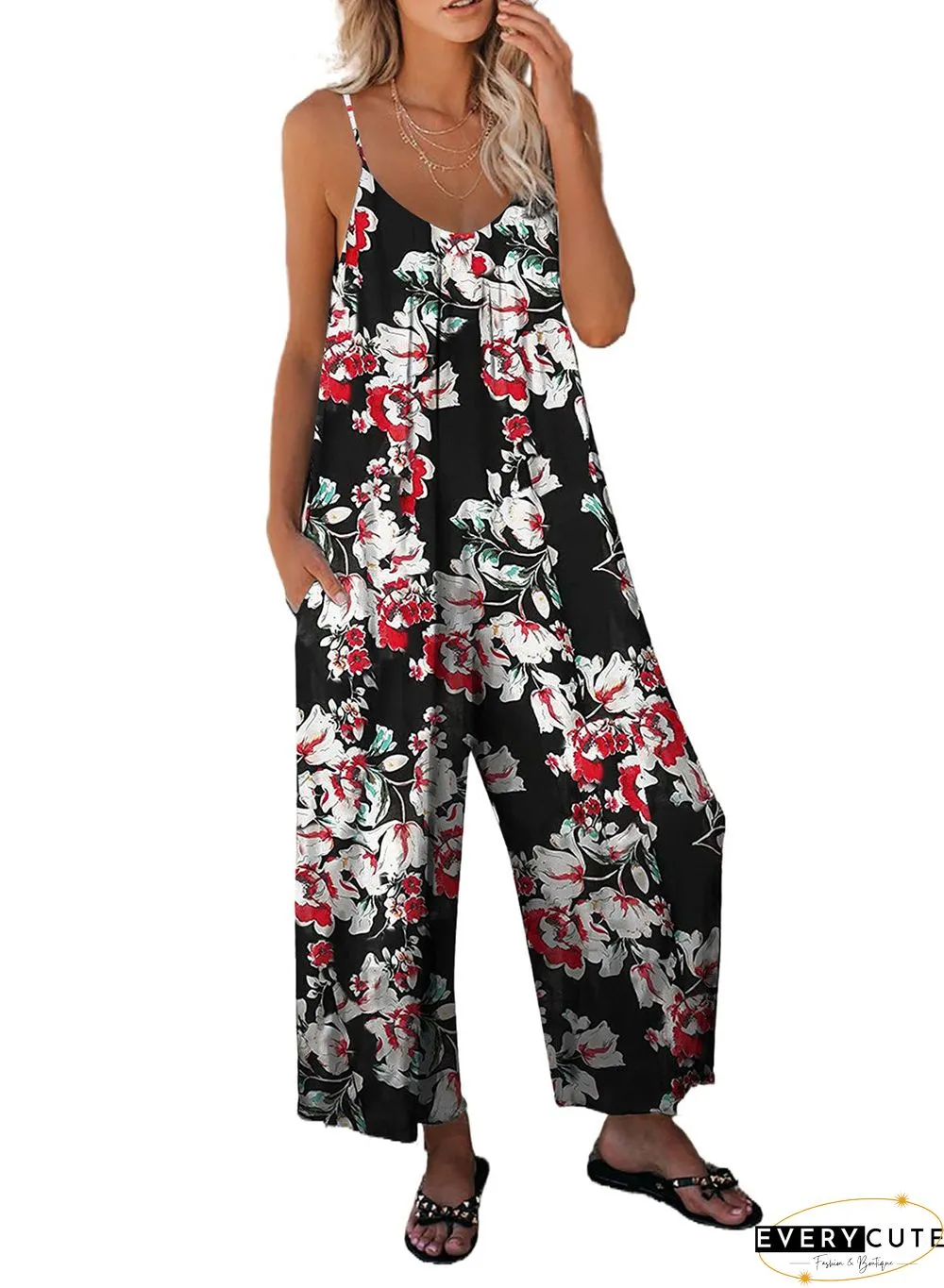 Print Spaghetti Strap Wide Leg Jumpsuit