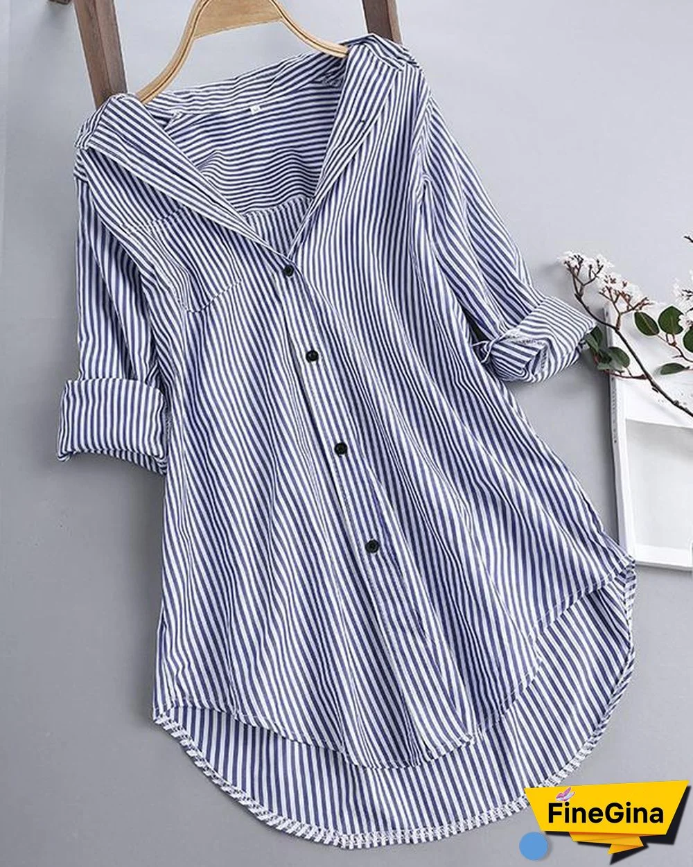 Chic Stripe Long Sleeve Turn-down Collar Loose Shirts