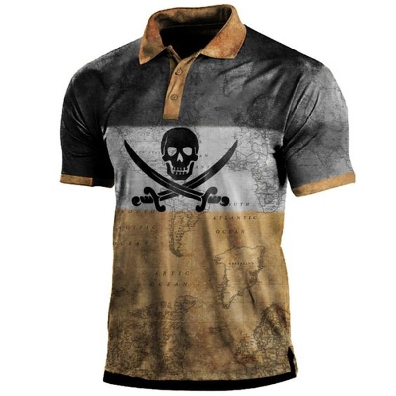 Men's Outdoor Color Blocking Skull Print Polo Shirt
