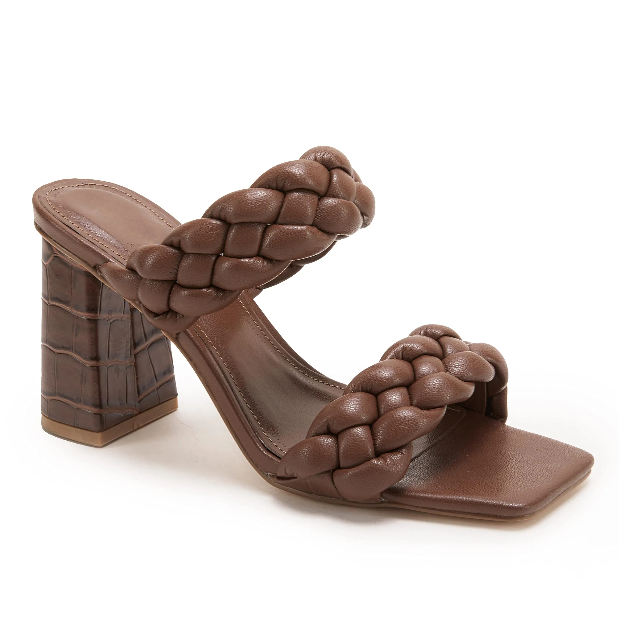 Women's Backless Square Open Toe Block Strappy Braided Heeled Sandals-vocosishoes