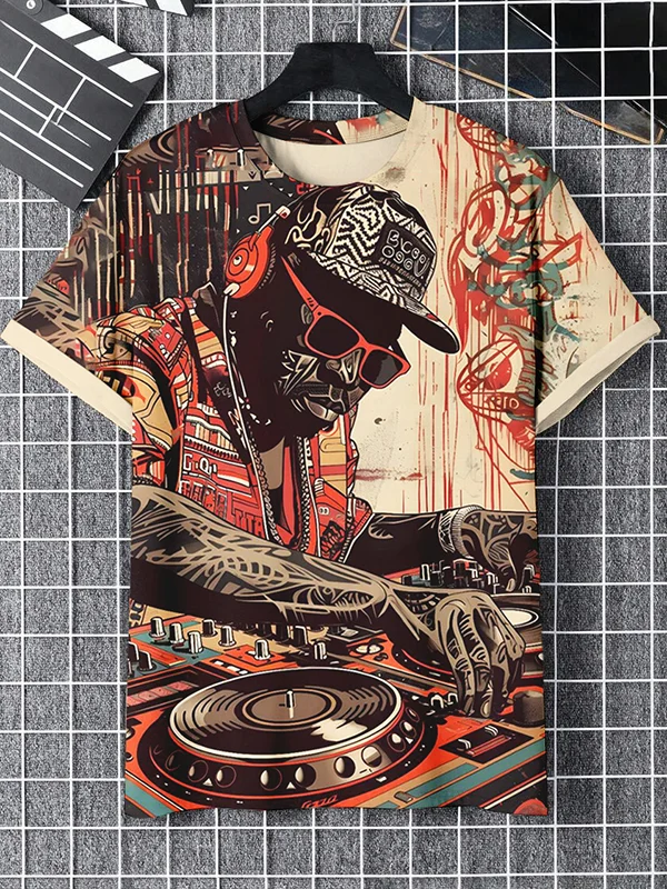 Men's Cool Hip-Hop DJ Street Art Print Casual T-Shirt