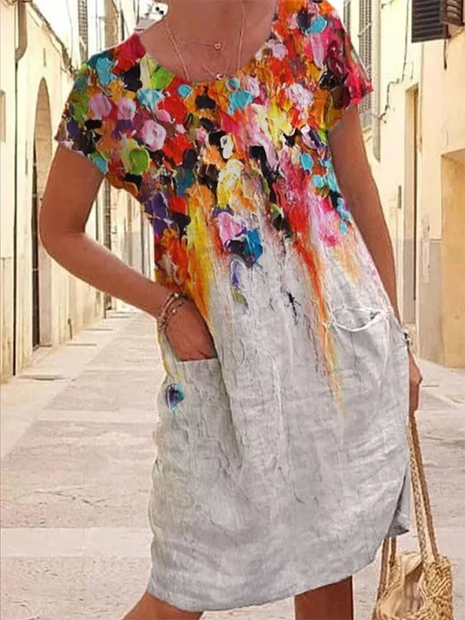 Women's Cotton Linen Oil Painting Print Pocket Dress