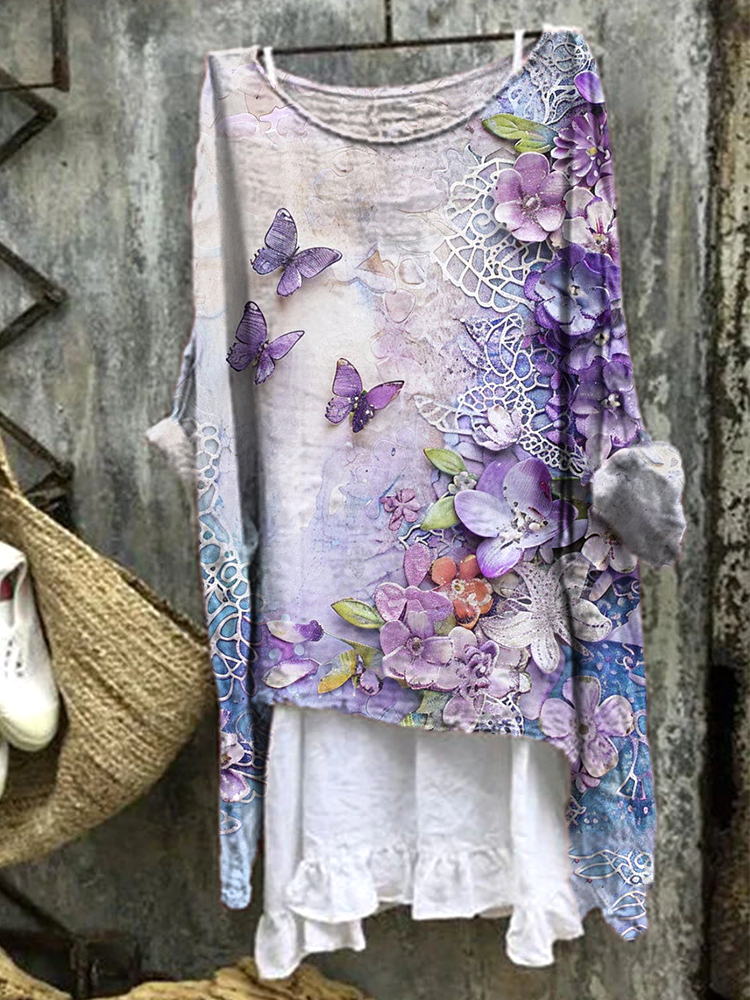 Floral Butterfly Embroidery Art Linen Blend Vintage Shirt artswardrobe