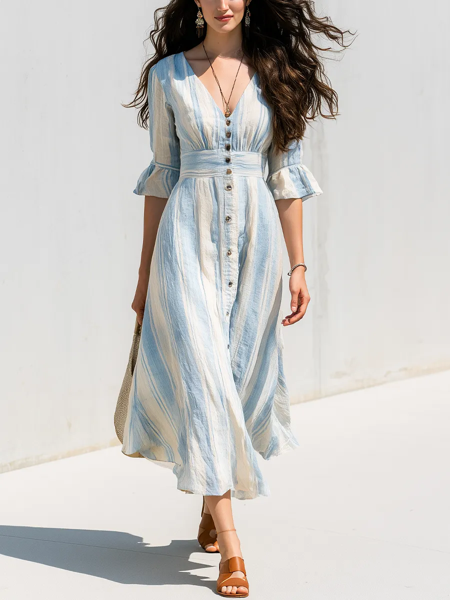 Relaxed Blue Striped Button-Front Midi Dress - image 1