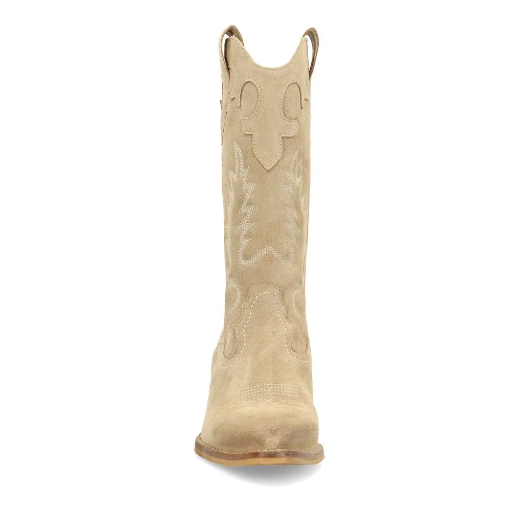 Khaki Vegan Suede Pointed Toe Embroidered Pull On Cowgirl Boots