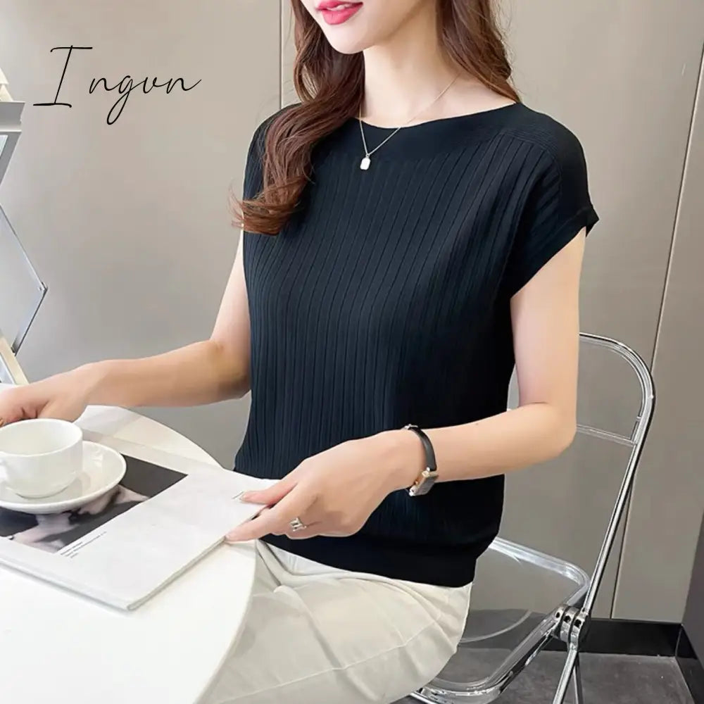 Ingvn - Bat-Sleeved Short-Sleeved T-Shirt Women’s Summer New Black Ice Silk Knitted Sweater Loose