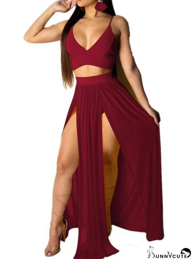 Solid Color Deep V Neck Backless Crop Top & Skirt Sets