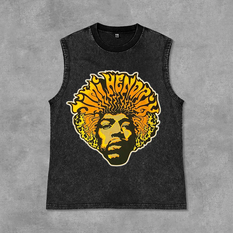 Vintage Hendrix Fashion Guitarist Graphic Print Acid Washed Sleeveless Tank Top SOPULA