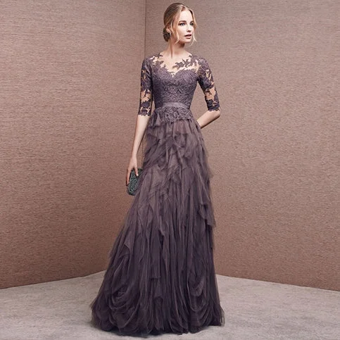Gray purple elegant long sleeve lace long tulle ball gown evening dress