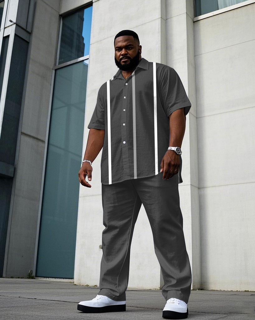 Men's Plus Size Business Casual Gray Striped Short Sleeve Shirt Trousers Suit