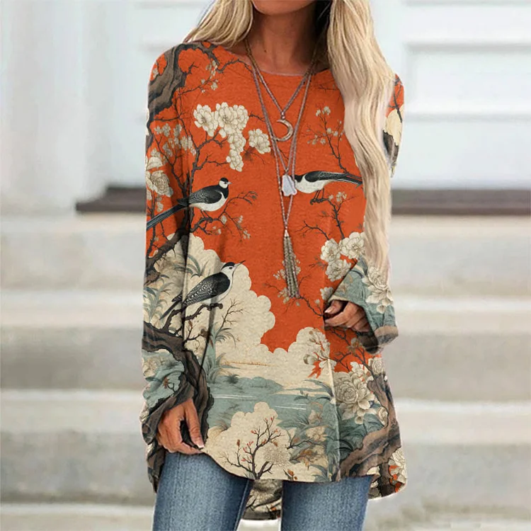 Comstylish Japanese Flower And Bird Painting Art Print Long Sleeved Tunic